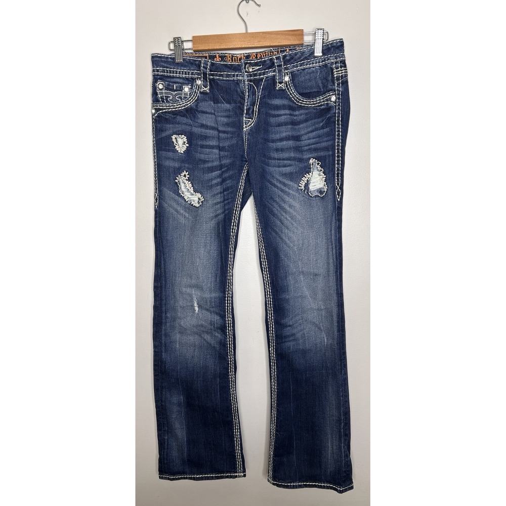 Rock Revival Vivian Dark Blue Distressed Easy Boot Jeans Buckle Size 28